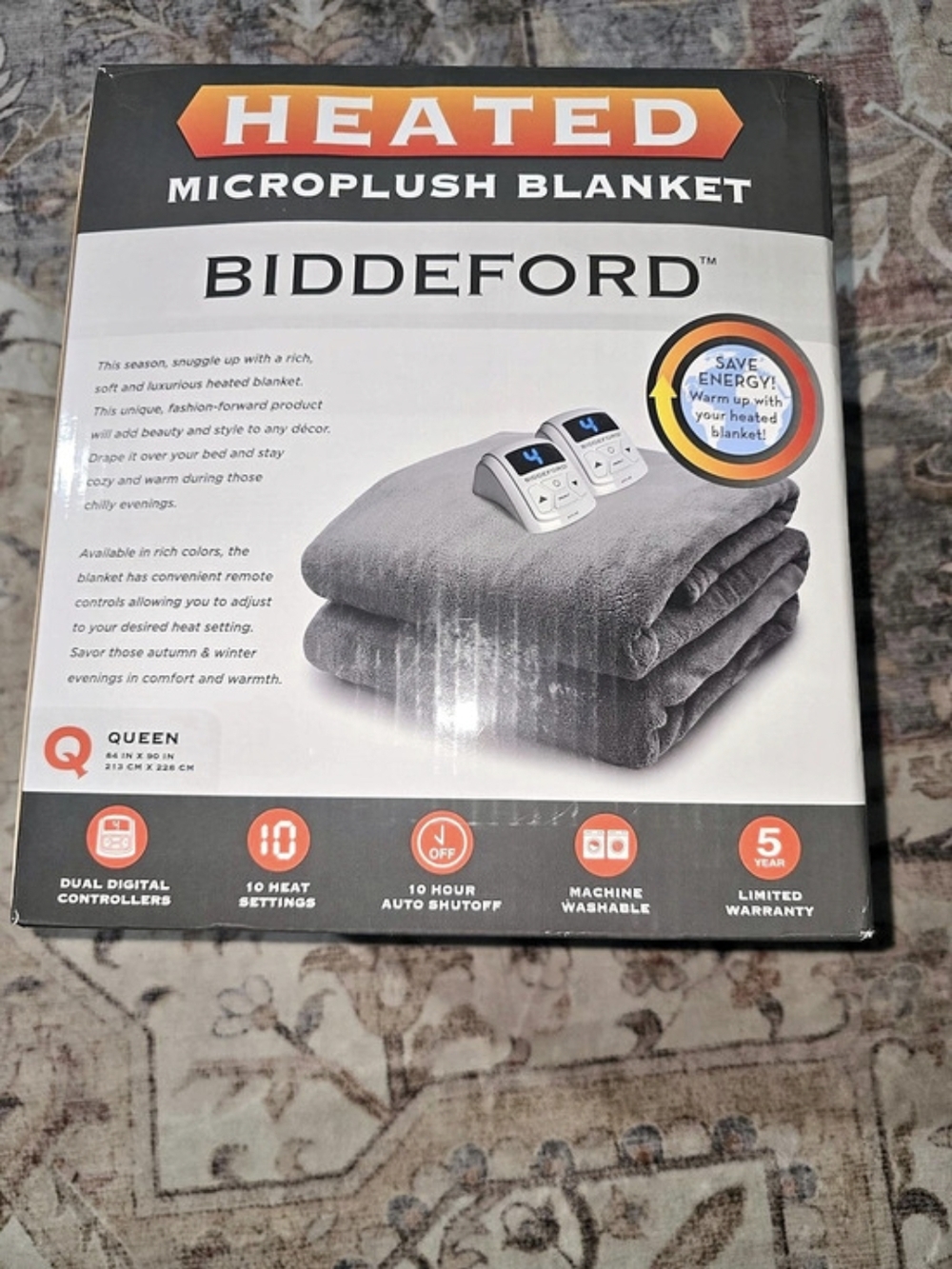 Biddeford Microplush Heated Blanket Queen Navy NWT